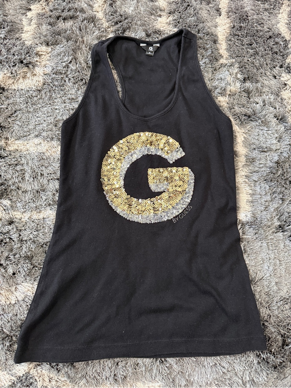 GUESS Black Tank with Gold & Silver Sequin G Emblem